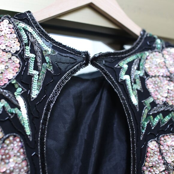 Vintage 80s Scala Black Floral Beaded Sequin Dress - Size S - Picture 4 of 10